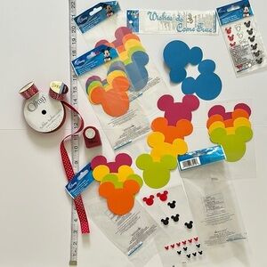 Disney Crafting Paper Punch Stickers Mickey Silhouette Cut Outs Ribbons Used/New